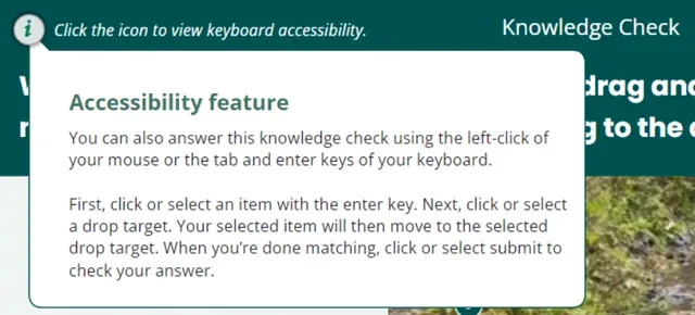 An example of an on-screen accessibility feature pop-up, which provides clear instructions to the user on how to navigate the interaction with a keyboard.