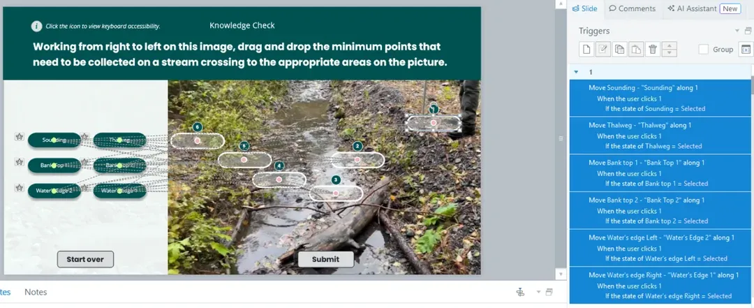 The Storyline canvas showing the drag items, drop targets, and the motion paths that connect them.