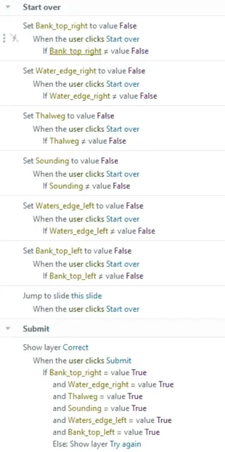 Screenshot of the triggers assigned to the 'Start Over' button in Storyline, which reset all variables to False to allow the user to try again.