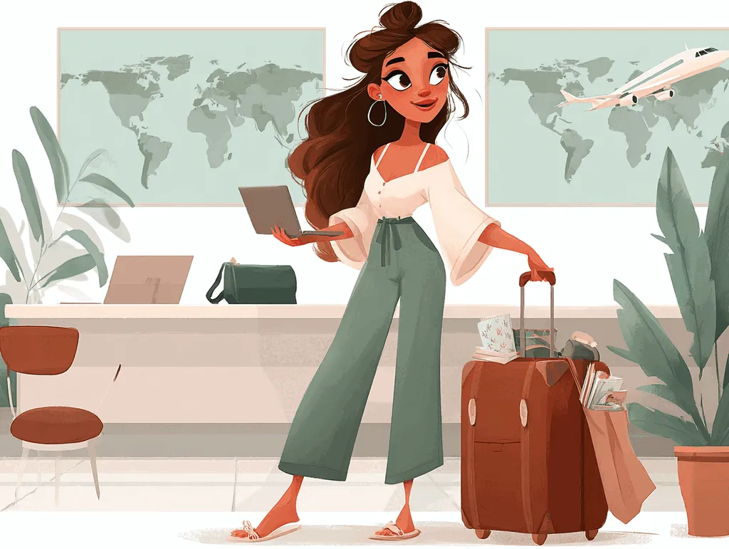 Illustration of a former instructional designer cheerfully trading her laptop for a suitcase in front of a world map and an airplane, finding the right career path as she steps into becoming a travel designer.
