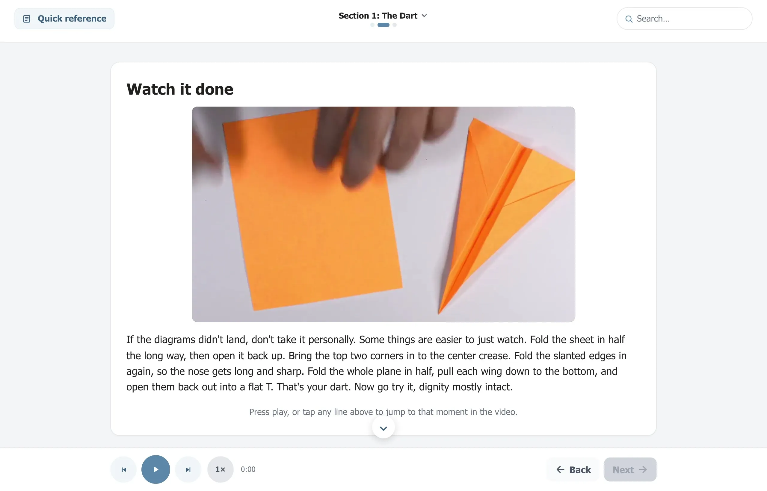 A muted demonstration video runs under the narration, with the transcript following in time.
