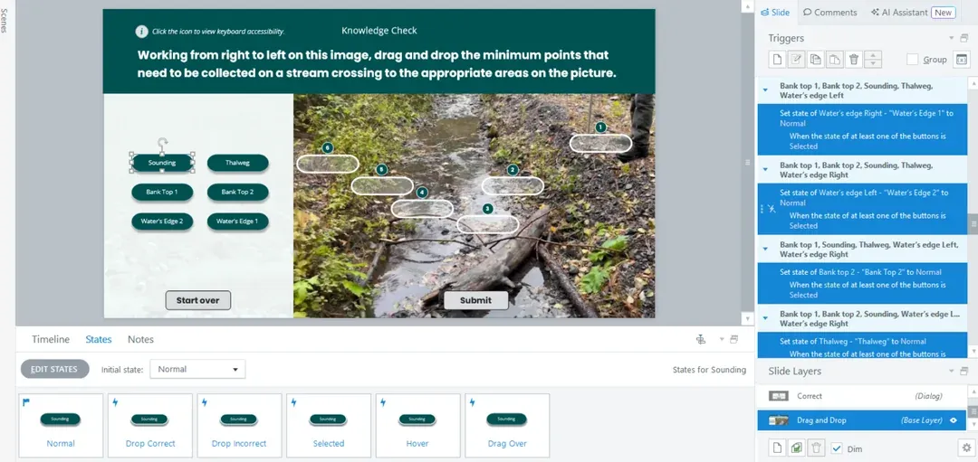 Screenshot of the Articulate Storyline interface showing the triggers panel used to control the select and de-select states of the drag-and-drop items.