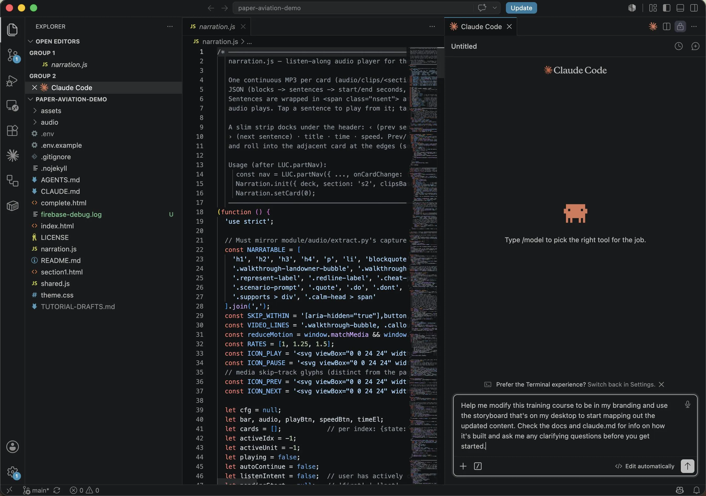 The whole module open in VS Code, with Claude Code in the side panel running the build.