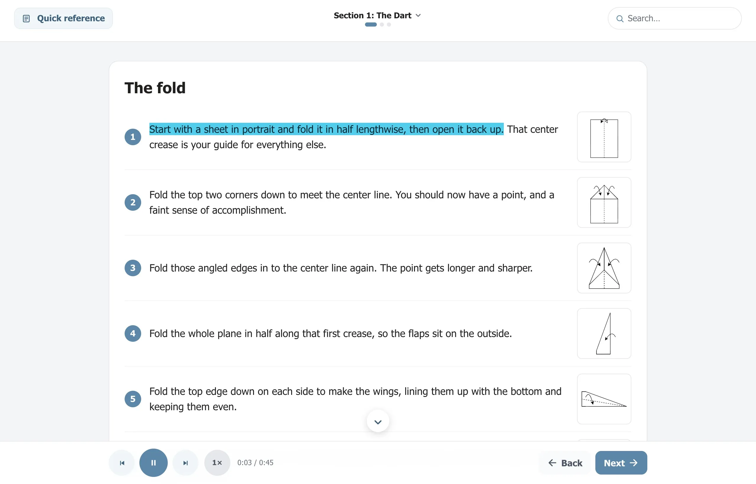 A lesson card playing back, with the sentence being read highlighted and the listen-along controls docked at the bottom.