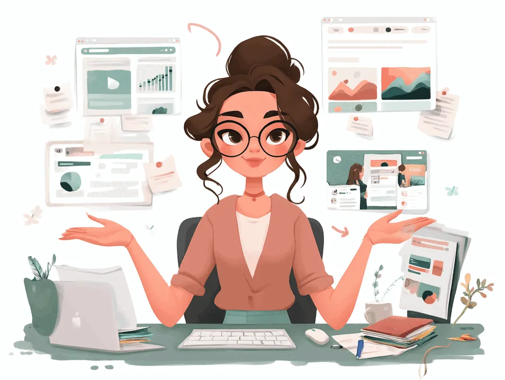 Illustration of a confident former marketer at her desk surrounded by the transferable skills she brought to instructional design, video editing, infographics, and clean layout, all flowing toward an eLearning course.