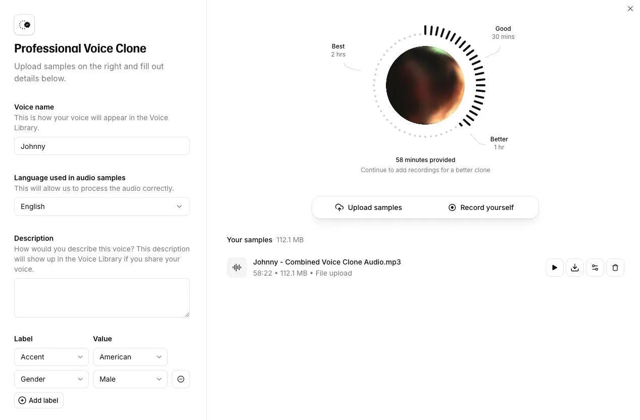 Building a professional voice clone in ElevenLabs. The more clean audio you feed it, up to about two hours, the better the clone.
